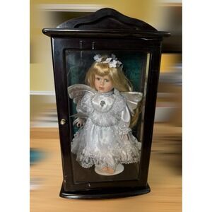 Ashley Belle "Mona"  Bisque Porcelain Angel Doll In A Wooden Display Cabinet